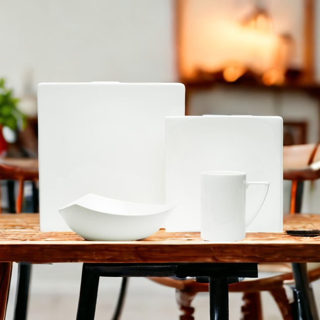 White Four Piece Square Bone China Dinnerware Set-1